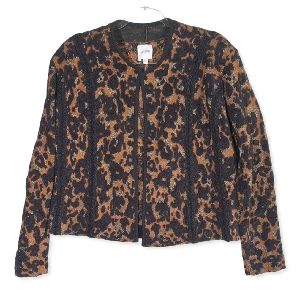 NIC+ZOE Cardigan Womens Large Brown Leopard Print Metallic Knit Open Front